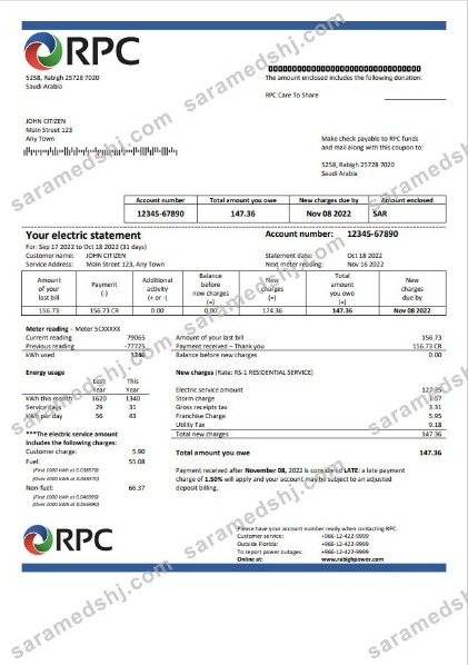 Saudi Arabia Rabigh Power Company utility bill, Word and PDF template